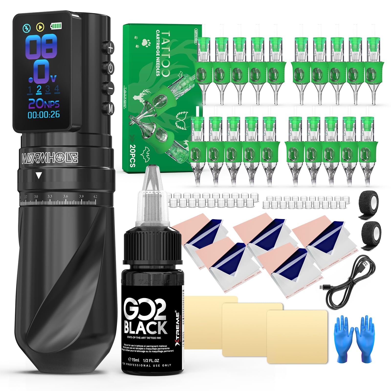 Wormhole Tattoo Gun Kit Wireless Tattoo Kit with 7 Adjustable